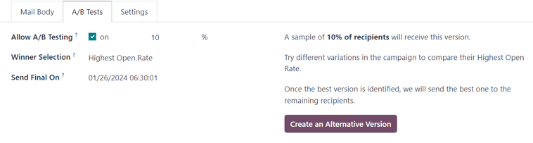 Вигляд вкладки A/B тести в застосунку Odoo Email Marketing.