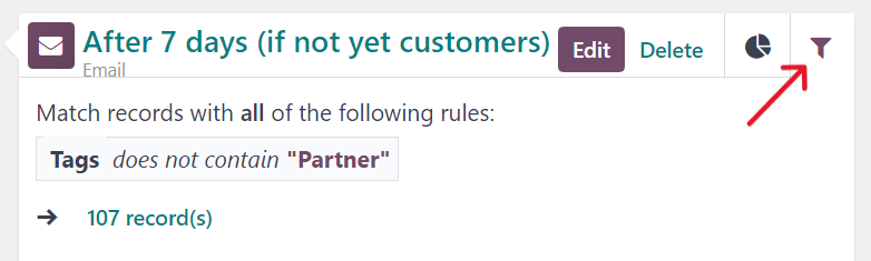 Як виглядає вкладка фільтра активності кампанії в Odoo Marketing Automation.