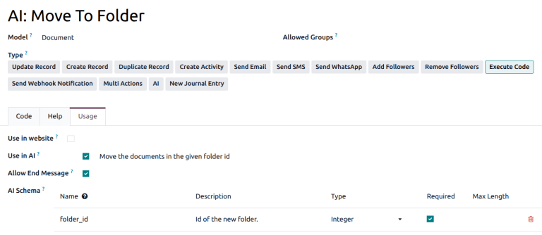 Вкладка Usage серверної дії AI move to folder.
