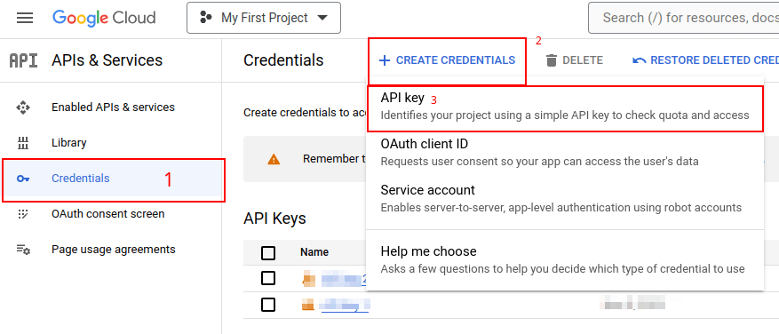 Створіть ключ API в консолі Google API.