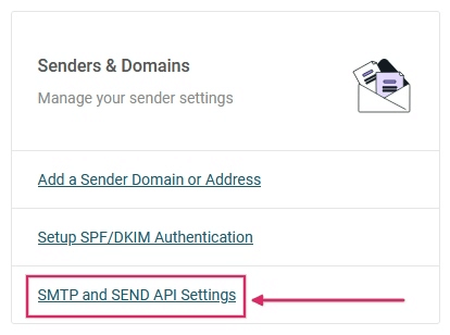 Посилання SMTP and Send API Settings у розділі Senders & Domains в Mailjet.
