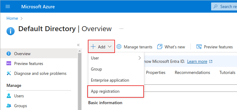 Сторінка керування Microsoft Azure з виділеними + Add і App Registration у меню.