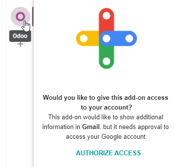 Tlačítko Authorize Access v pravém postranním panelu Odoo pluginu.