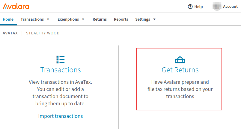 Портал Avalara з виділеним ярликом декларацій.