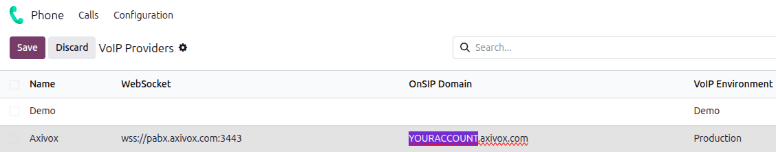 Nastavení konfigurace Axivox v aplikaci *Odoo Phone*.