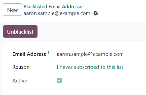 Вигляд форми детальної інформації про контакт у чорному списку в Odoo Email Marketing.