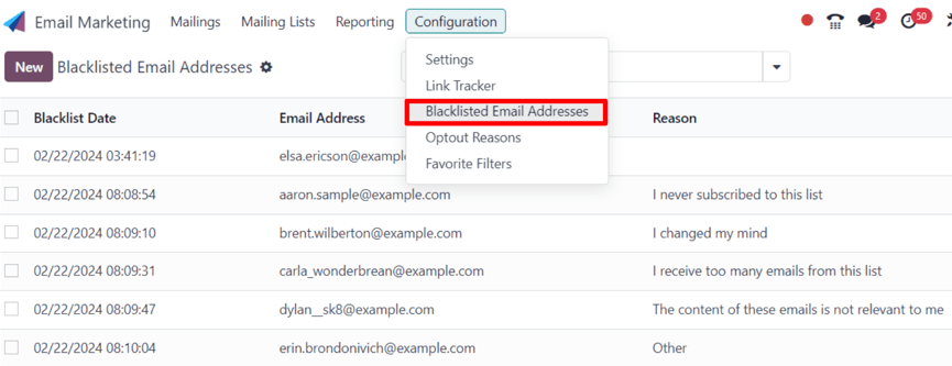 Вигляд сторінки електронних адрес у чорному списку в Odoo Email Marketing.