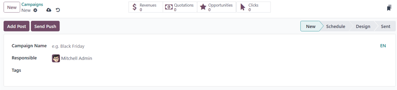 Подання порожньої форми кампанії в Odoo Email-маркетинг.