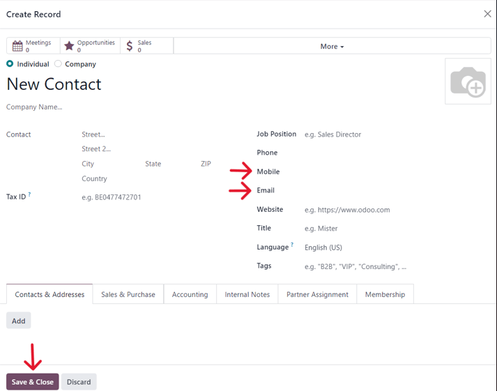 Prázdný formulář kontaktu z vyskakovacího okna Spustit test v Odoo Marketing Automation.
