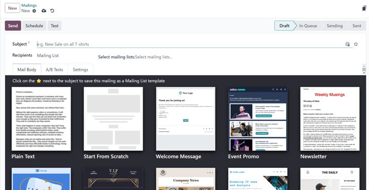 Перегляд порожньої детальної форми електронного листа в застосунку Odoo Email Marketing.