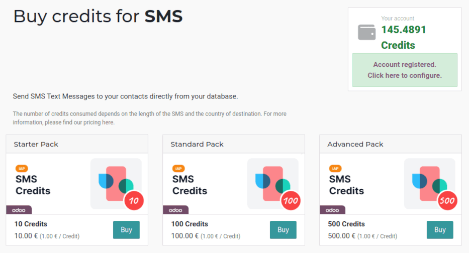 Сторінка сервісу SMS на IAP.Odoo.com із чотирма пакетами кредитів, доступними для покупки.