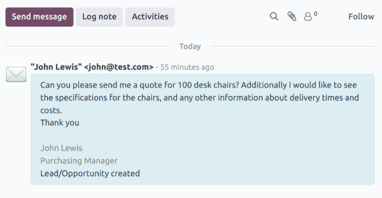 Потік chatter щойно створеного ліда в застосунку CRM.