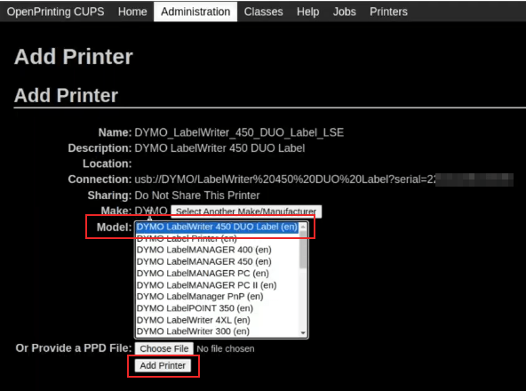 Екран вибору моделі на консолі OpenPrinting CUPS з виділеними моделлю та додаванням принтера.
