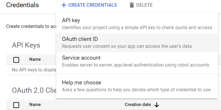 Вибір OAuth client id.