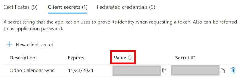 Токен "Секрет клієнта", який потрібно скопіювати з Microsoft до Odoo.