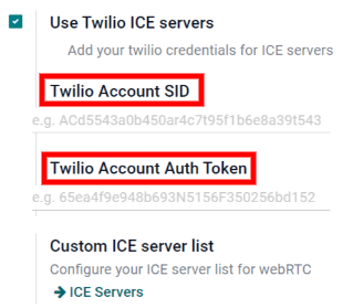 Увімкніть опцію "Use Twilio ICE servers" у загальних налаштуваннях Odoo.