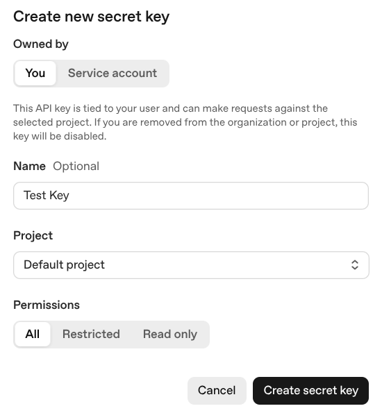 Спливаюче вікно, де створюються нові ключі api в OpenAI.