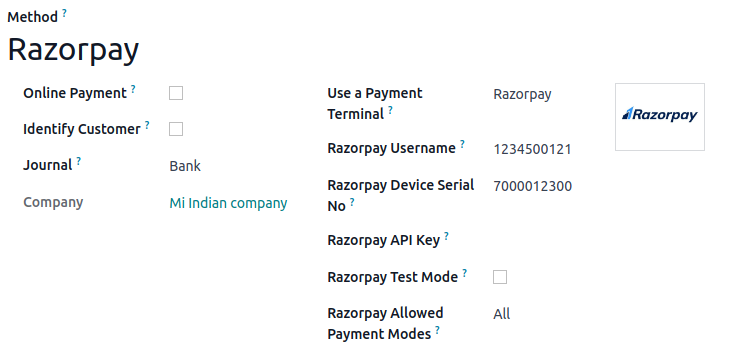 Форма підключення Razorpay
