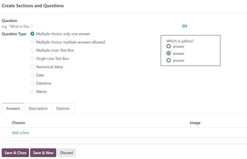 Спливаюча форма Create Sections and Questions в Odoo Surveys.