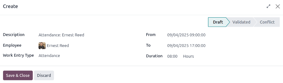 Заповнення форми створення робочого запису в Odoo.