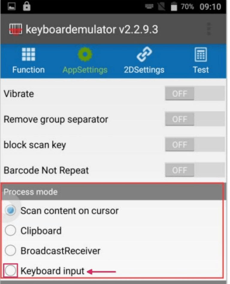 Розділ Process mode на сторінці AppSettings сканера MUNBYN.