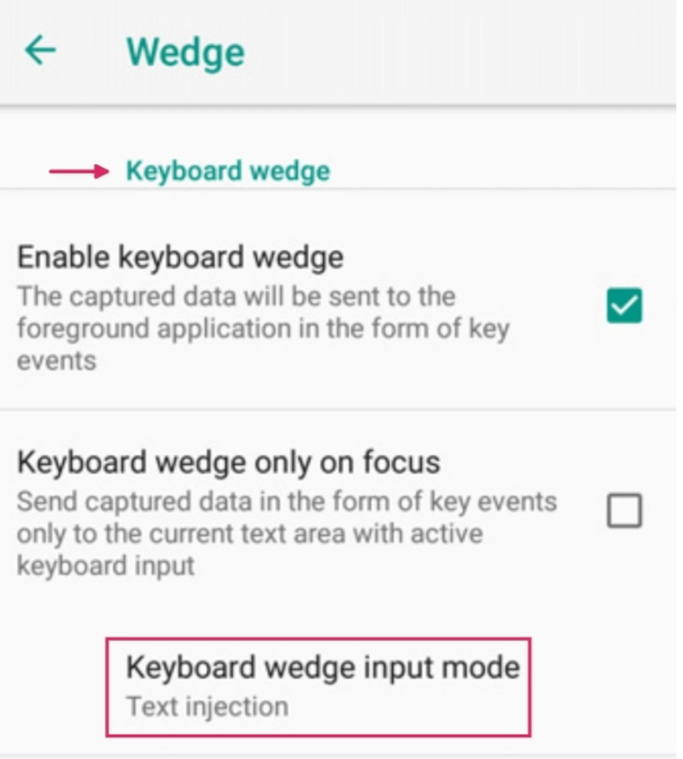 Меню конфігурації Wedge на сканері Datalogic.