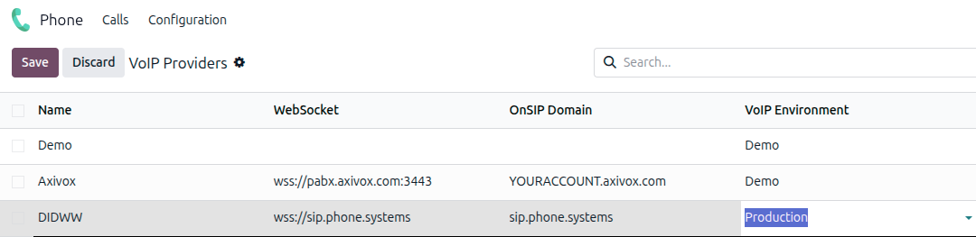 Налаштування конфігурації DIDWW у застосунку *Odoo Phone*.