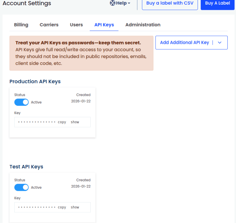 Створіть ключі API на сторінці ключів API EasyPost.