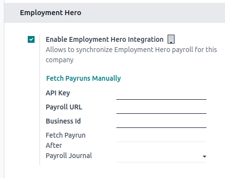 Увімкнення інтеграції Employment Hero в Odoo Бухгалтерії відображає нові поля в налаштуваннях