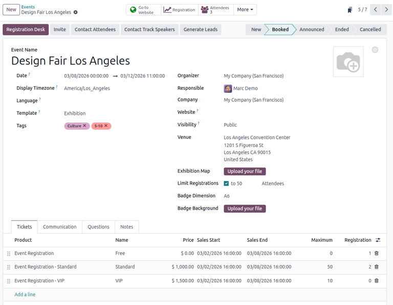 Типовий шаблон події в застосунку Odoo Події.