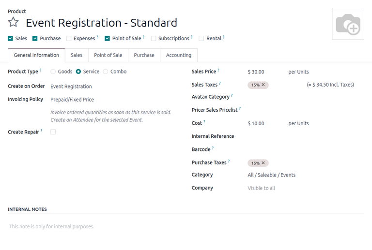 Вигляд форми продукту реєстрації на подію в Odoo.