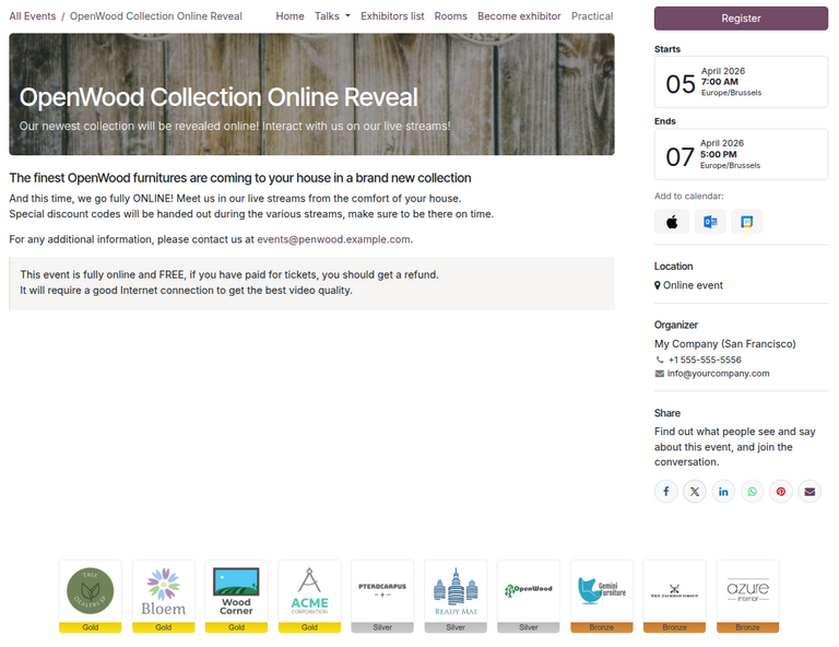 Логотипи спонсорів подій у нижньому колонтитулі в Odoo Події.