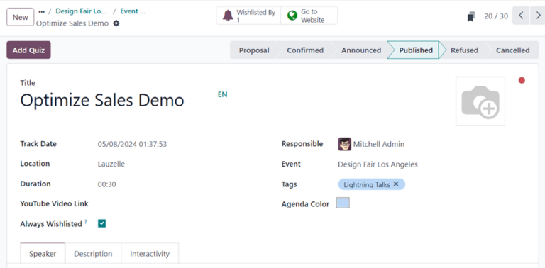 Типова форма доповіді події у застосунку Odoo Events.
