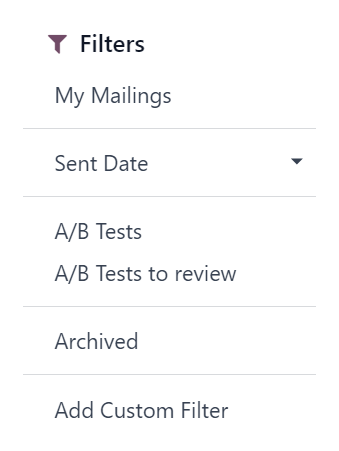Вигляд параметрів спадного меню фільтрів на дашборді Odoo Email-маркетинг.