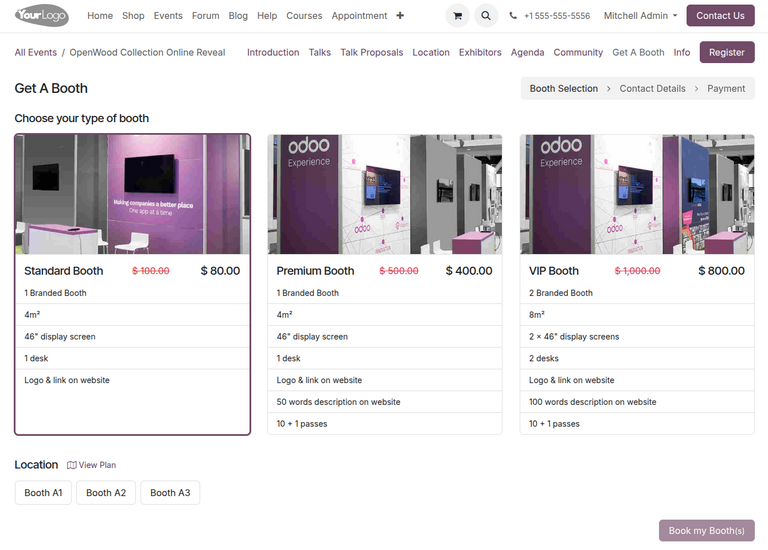Сторінка Get A Booth на вебсайті в Odoo Events.