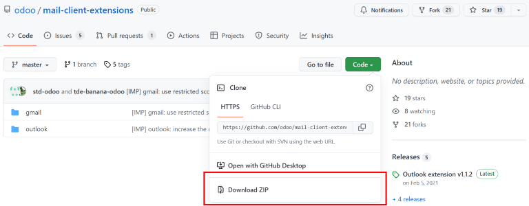 Завантажте ZIP-файл із репозиторію GitHub Odoo для поштових плагінів.