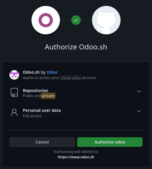 Надання Odoo.sh дозволів на виконання дій та доступ до даних на GitHub