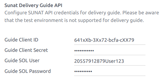 Приклад конфігурації розділу API SUNAT для супровідного документа доставки.