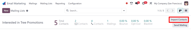 Кнопка імпорту контактів у рядку списку розсилки в Odoo Email Marketing.