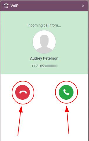 Вхідний дзвінок у віджеті Odoo **Phone**.