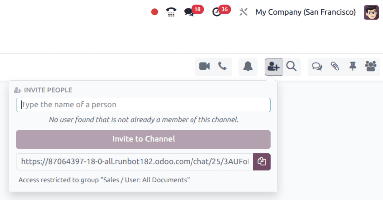 Вигляд опції Discuss для запрошення учасників в Odoo Discuss.