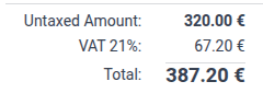 Odoo автоматично обчислює суму податку для податку 21%.