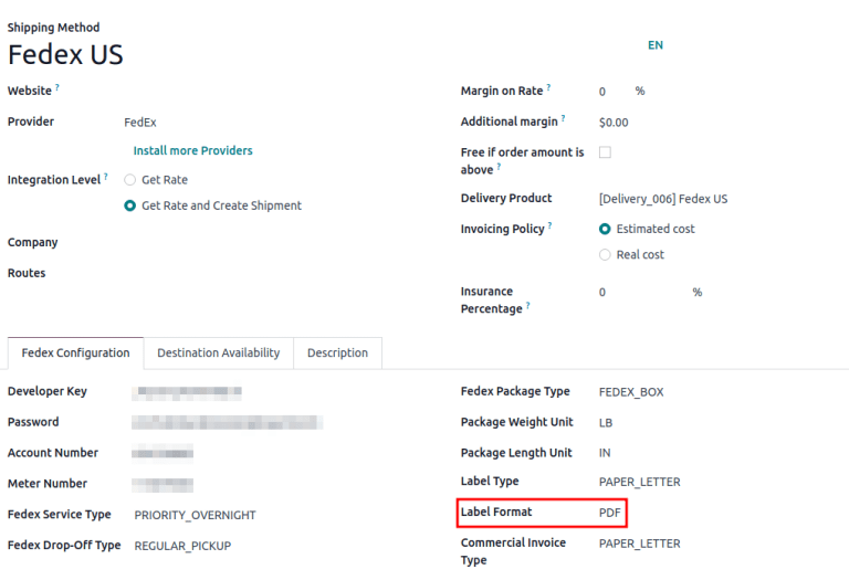 Поле *Тип етикетки* на сторінці налаштування способу доставки FedEx.
