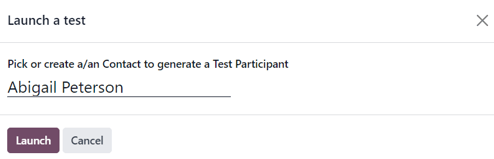 Vyskakovací okno Spustit test, které se zobrazí v Odoo Marketing Automation.