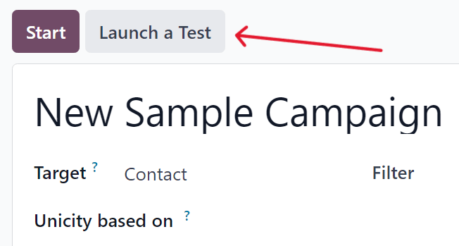 Tlačítko Spustit test na formuláři s podrobnostmi kampaně v Odoo Marketing Automation.