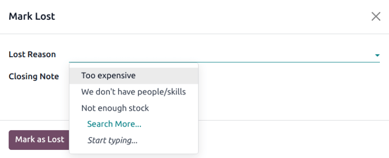 Спливаюче вікно причин втрати зі зразками причин.