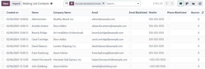 Сторінка списку розсилок у застосунку Email-маркетинг Odoo.