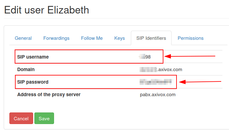 Облікові дані SIP у менеджері Axivox.