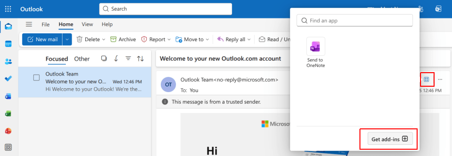 Кнопка «Застосунки» в Outlook