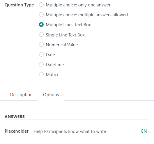 Поле підказки, коли у Odoo Surveys обрано опцію багаторядкового текстового поля.